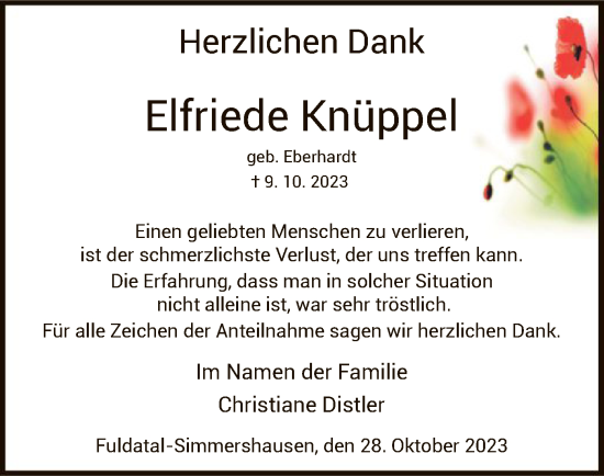 Todesanzeige von Elfriede Knüppel von HNA