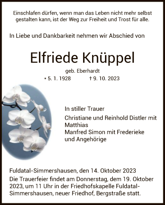 Todesanzeige von Elfriede Knüppel von HNA