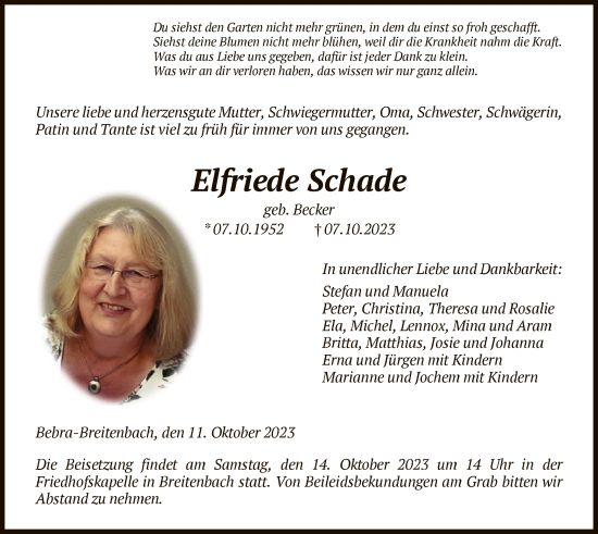 Todesanzeige von Elfriede Schade von HNA