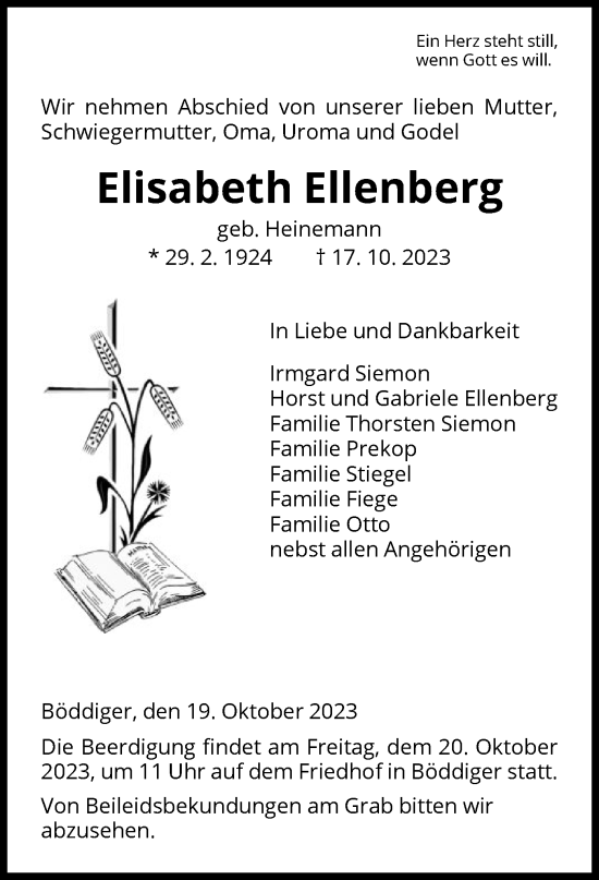 Todesanzeige von Elisabeth Ellenberg von HNA