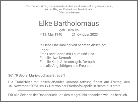 Todesanzeige von Elke Bartholomäus von HNAHNA