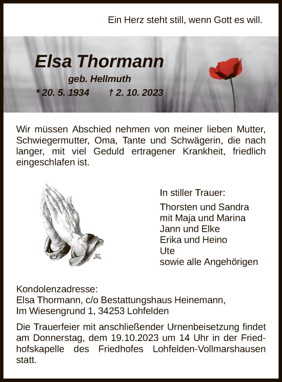Todesanzeige von Elsa Thormann von HNA