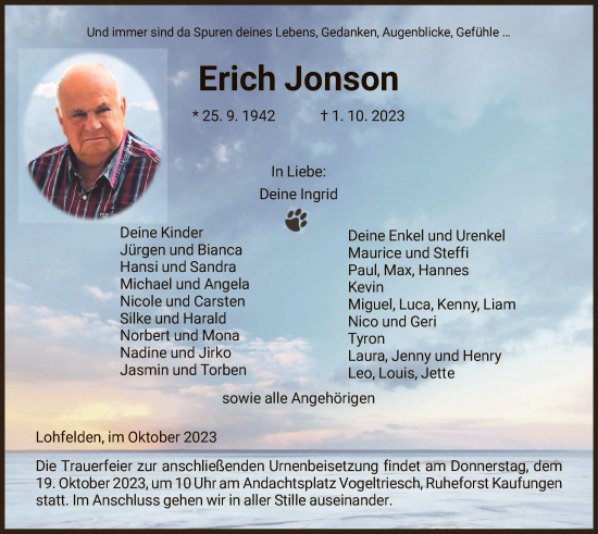 Todesanzeige von Erich Jonson von HNA