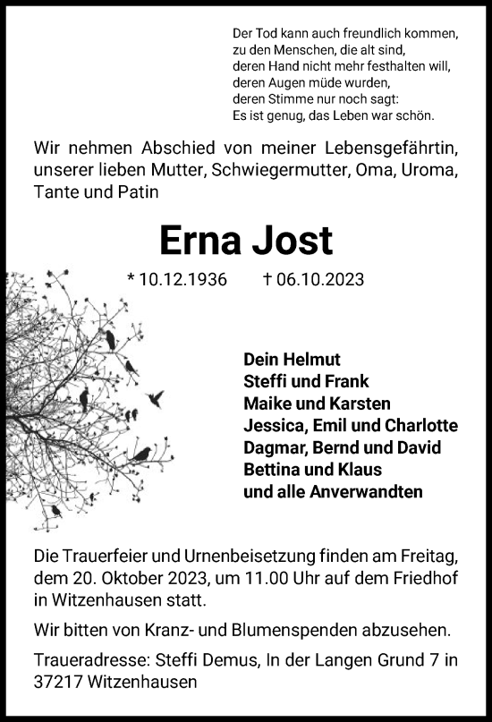 Todesanzeige von Erna Jost von HNA