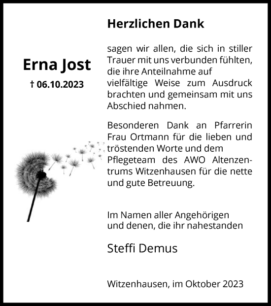 Todesanzeige von Erna Jost von HNA