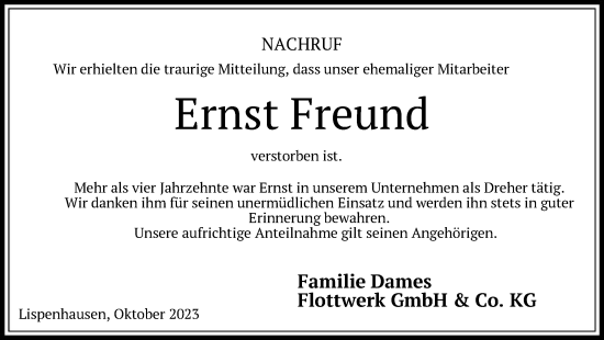Todesanzeige von Ernst Freund von HNA