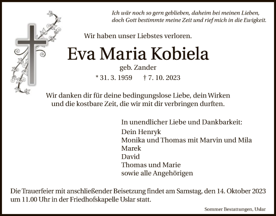 Todesanzeige von Eva Maria Kobiela von HNA