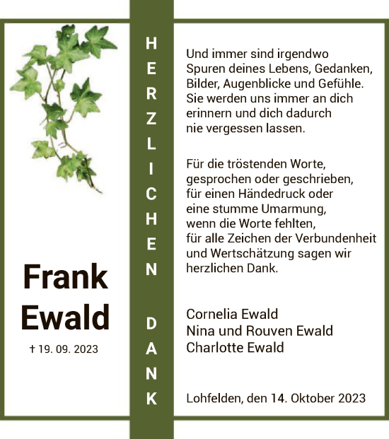 Todesanzeige von Frank Ewald von HNA