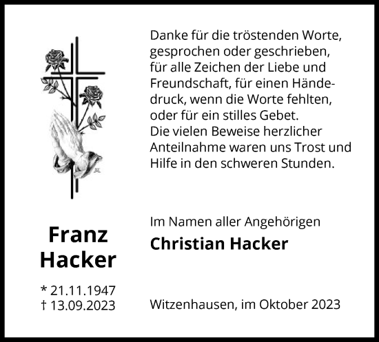 Todesanzeige von Franz Hacker von HNA