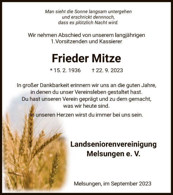 Todesanzeige von Frieder Mitze von HNA