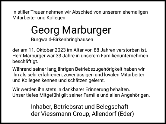 Todesanzeige von Georg Marburger von HNA