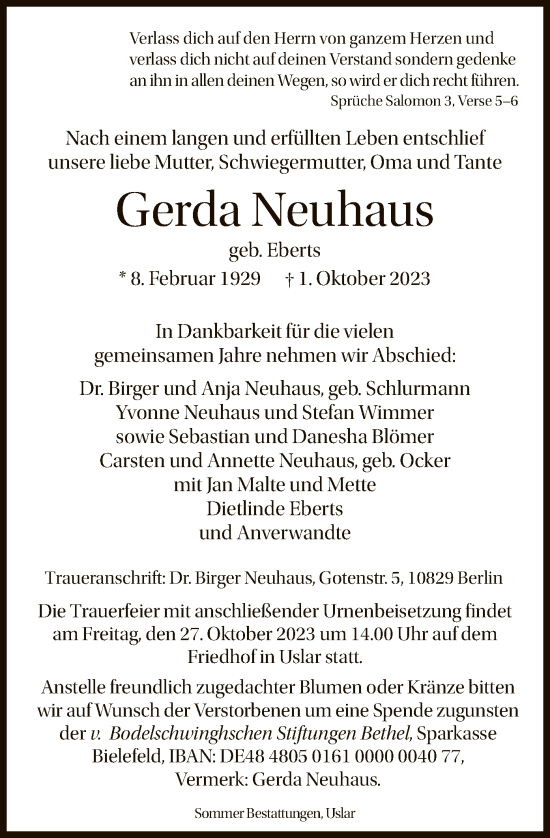 Todesanzeige von Gerda Neuhaus von HNA