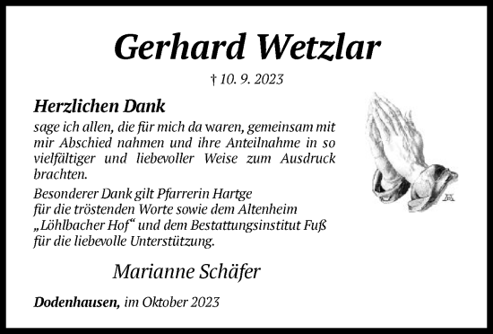 Todesanzeige von Gerhard Wetzlar von HNA