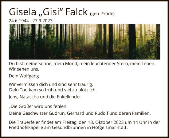 Todesanzeige von Gisela Falck von HNA