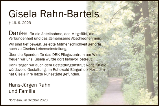 Todesanzeige von Gisela Rahn-Bartels von HNA