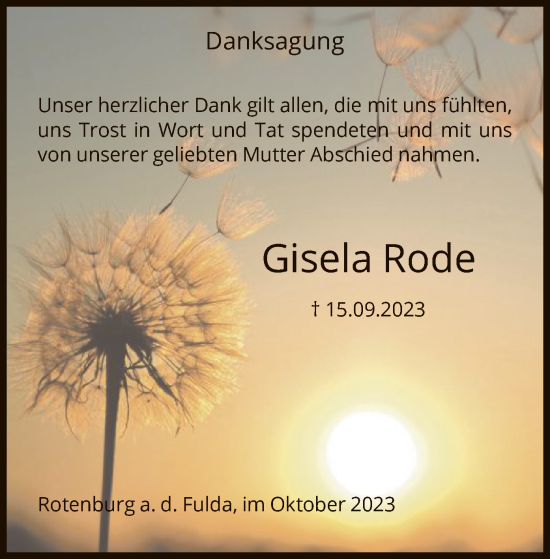 Todesanzeige von Gisela Rode von HNA