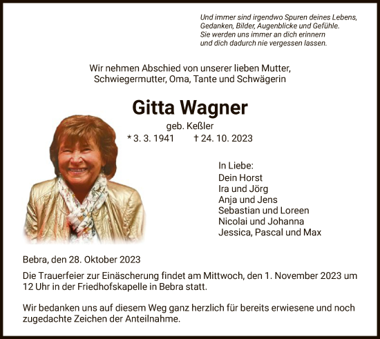 Todesanzeige von Gitta Wagner von HNAHNA