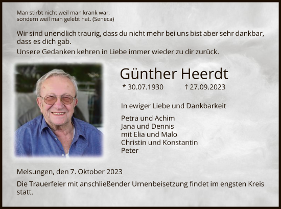 Todesanzeige von Günther Heerdt von HNA