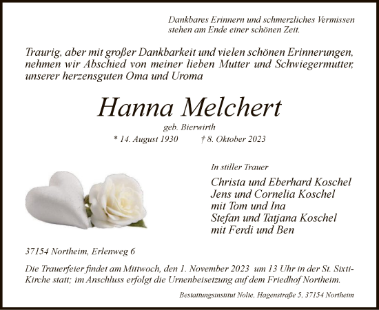 Todesanzeige von Hanna Melchert von HNA