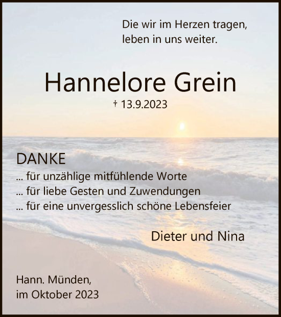 Todesanzeige von Hannelore Grein von HNA