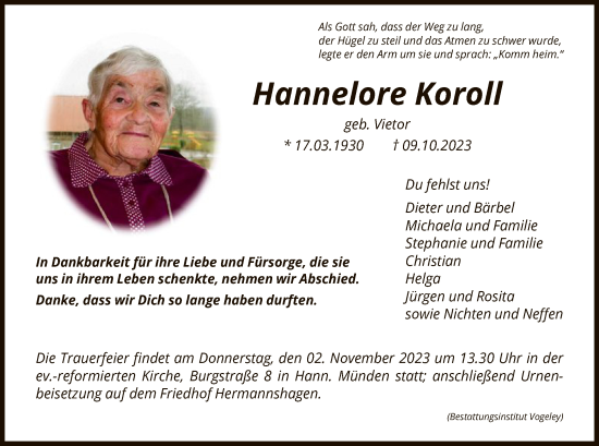 Todesanzeige von Hannelore Koroll von HNA