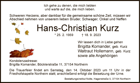 Todesanzeige von Hans-Christian Kurz von HNA