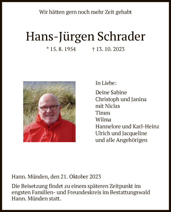 Todesanzeige von Hans-Jürgen Schrader von HNA