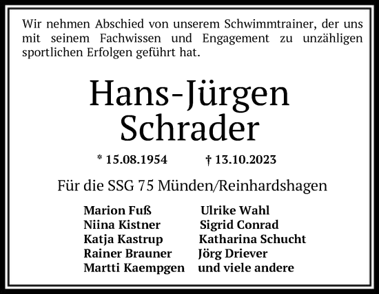 Todesanzeige von Hans-Jürgen Schrader von HNA