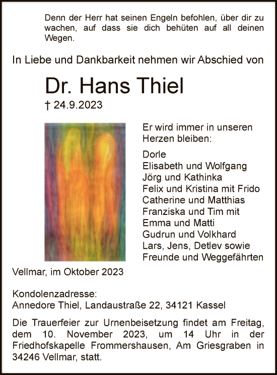 Todesanzeige von Hans Thiel von HNA