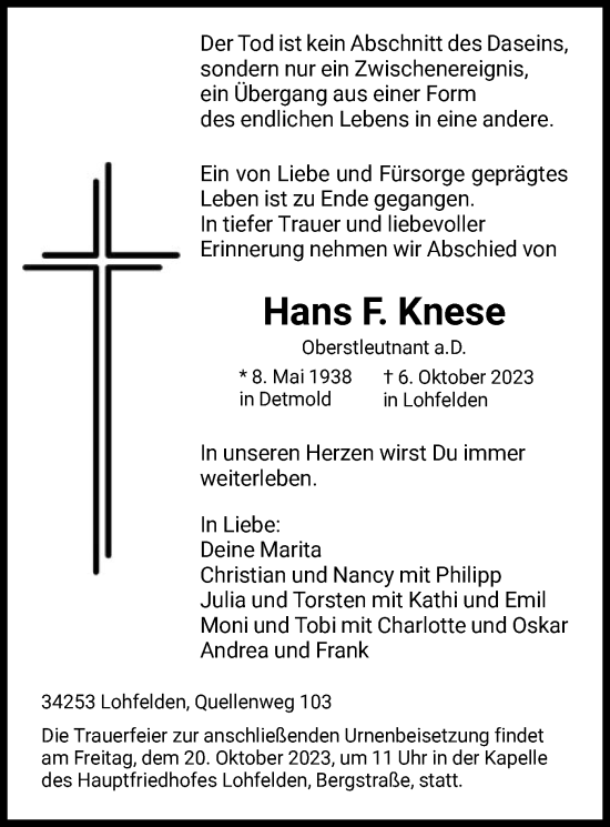 Todesanzeige von Hans F. Knese von HNA