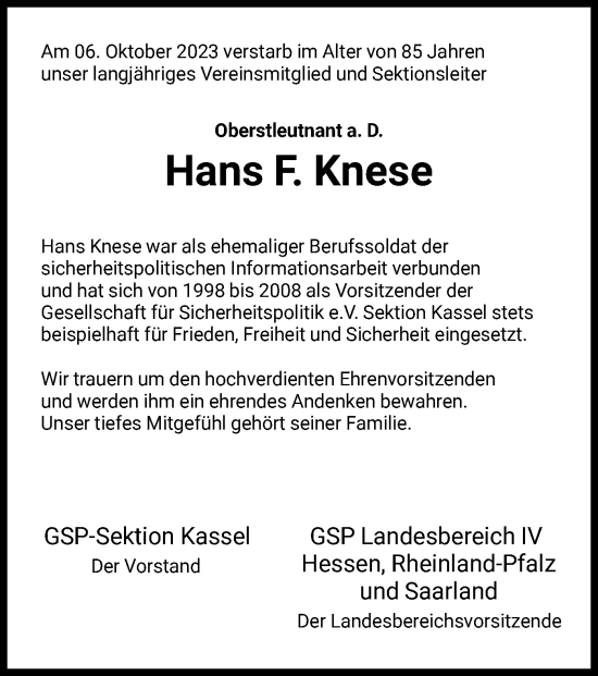 Todesanzeige von Hans F. Knese von HNA