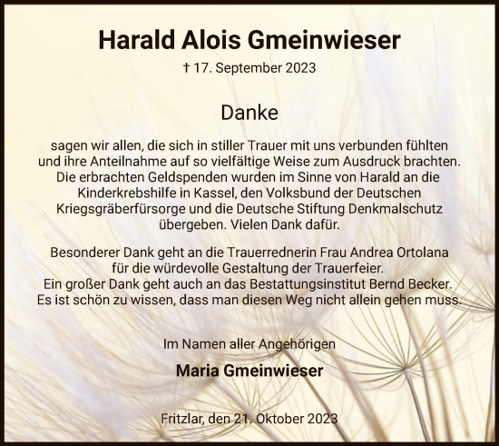 Todesanzeige von Harald Alois Gmeinwieser von HNA