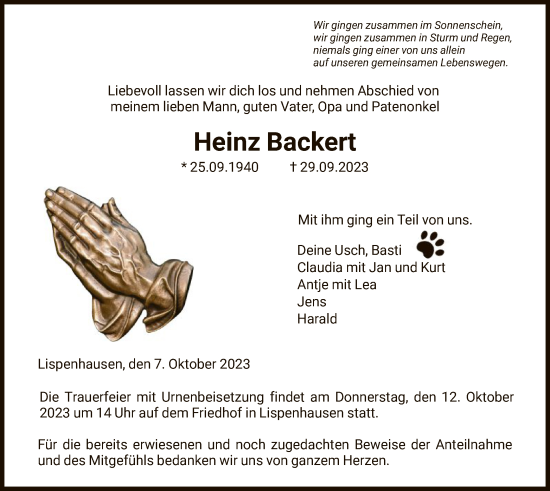 Todesanzeige von Heinz Backert von HNA