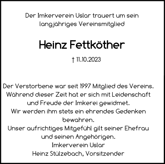 Todesanzeige von Heinz Fettköther von HNA