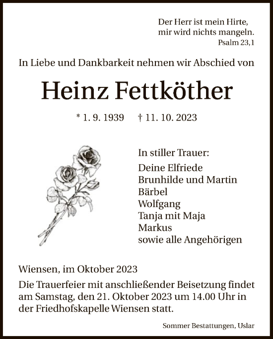 Todesanzeige von Heinz Fettköther von HNA