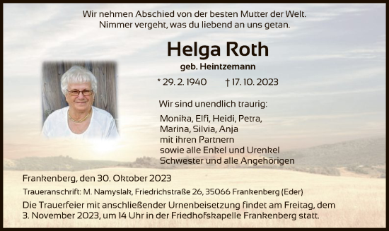 Todesanzeige von Helga Roth von HNA