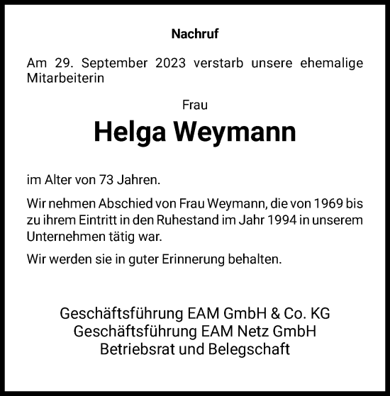 Todesanzeige von Helga Weymann von HNA