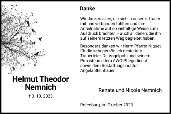 Todesanzeige von Helmut Theodor Nemnich von HNA