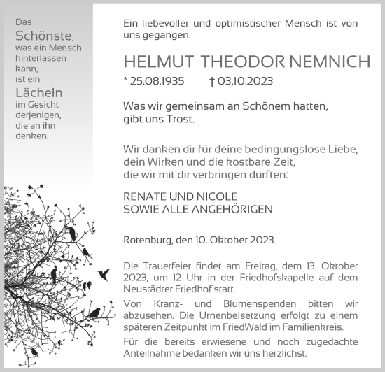 Todesanzeige von Helmut Theodor Nemnich von HNA