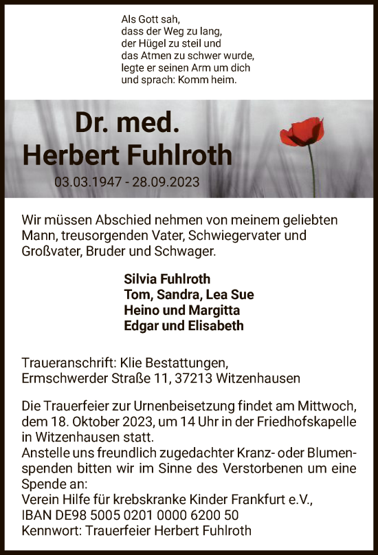 Todesanzeige von Herbert Fuhlroth von HNA