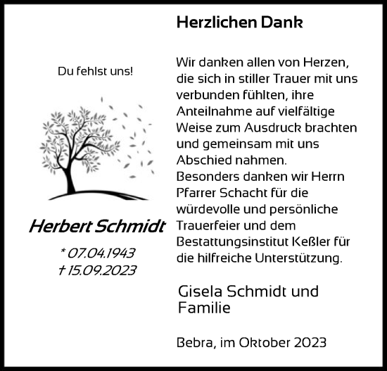 Todesanzeige von Herbert Schmidt von HNA
