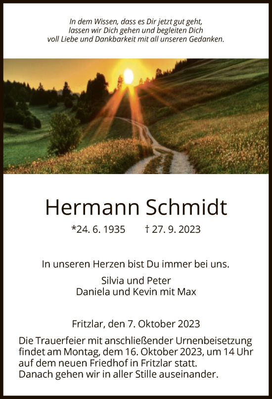 Todesanzeige von Hermann Schmidt von HNA