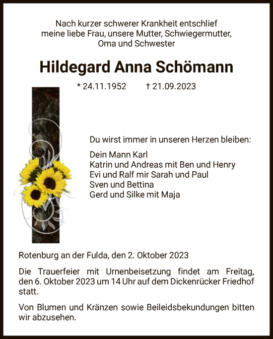 Todesanzeige von Hildegard Anna Schömann von HNA