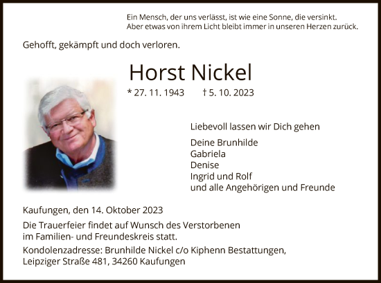 Todesanzeige von Horst Nickel von HNA