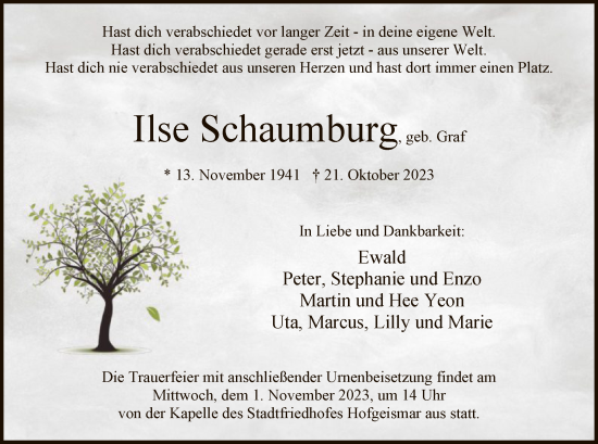 Todesanzeige von Ilse Schaumburg von HNA