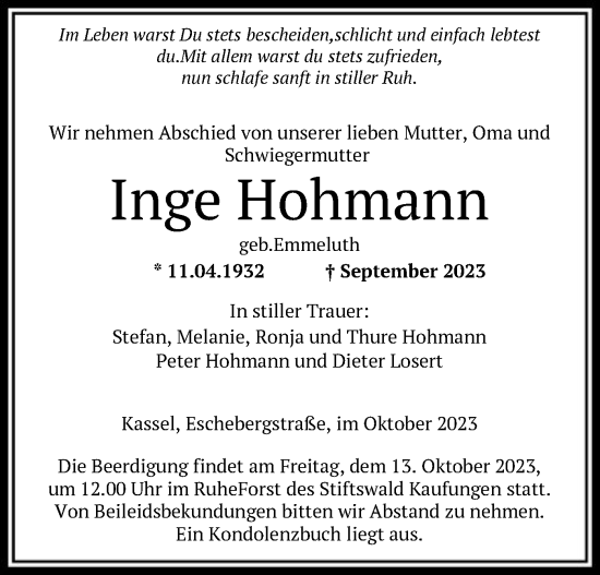 Todesanzeige von Inge Hohmann von HNA