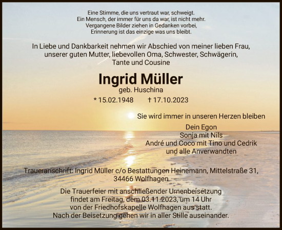 Todesanzeige von Ingrid Müller von HNA