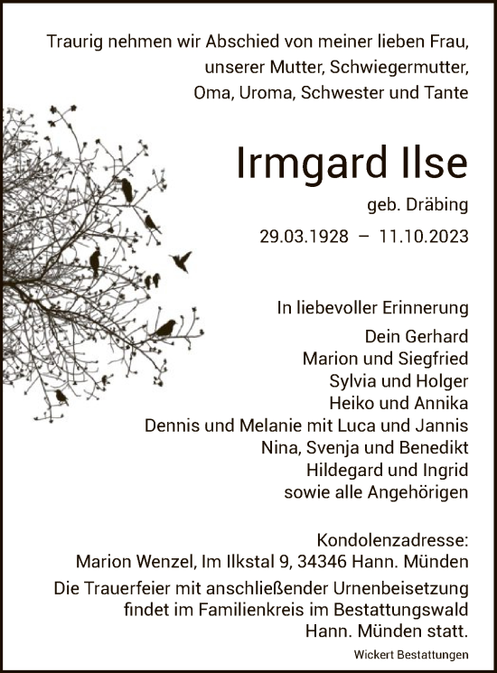 Todesanzeige von Irmgard Ilse von HNA