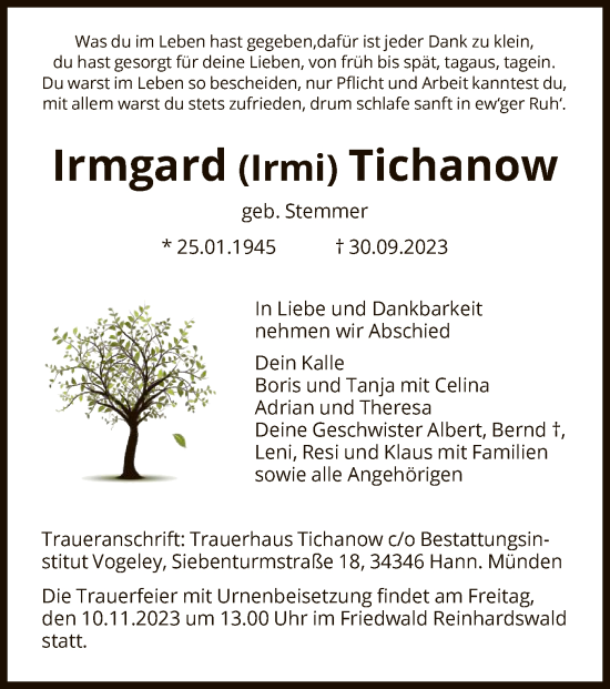 Todesanzeige von Irmgard Tichanow von HNA