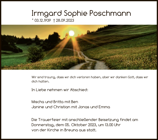 Todesanzeige von Irmgard Sophie Poschmann von HNA